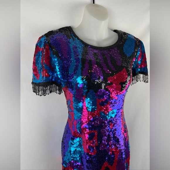Sean Collection Sequin Beaded Mini Bodycon Fringe Pink Blue Purple Dress Size S - Picture 3 of 15
